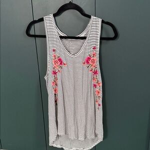 Striped Floral Embroidered Tank Top